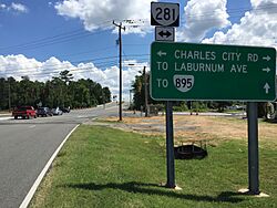 2017-07-07 15 16 56 View south along Virginia State Route 281 (Airport Drive) at Charles City Road in Sandston, Henrico County, Virginia.jpg