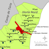 Localización de  Foyos  respecto a la comarca de la Huerta Norte