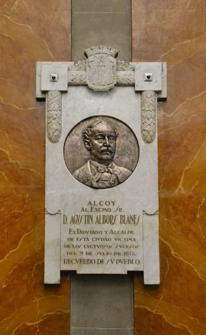 Archivo:Placa a Agustí Albors i Blanes a l'ajuntament, Alcoi
