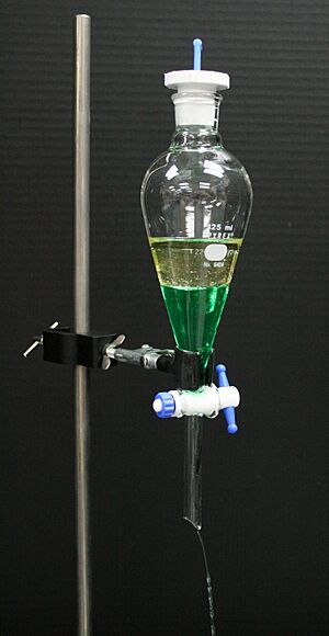 Archivo:Separatory funnel with oil and colored water
