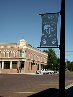 Stromsburg brick street and Valkommen sign.JPG