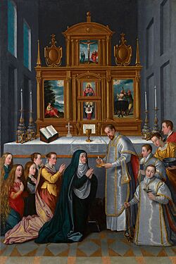 Archivo:La comunión de la Virgen o La familia del archiduque Carlos de Estiria (Monasterio de las Descalzas Reales, Madrid)