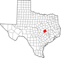 Map of Texas highlighting Milam County