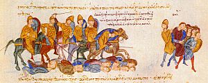 Archivo:Skylitzes-Ouranos kills Bulgarians