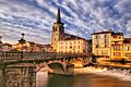 Pont vieux et Église de Saint Girons au coucher du soleil