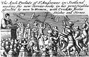 Archivo:Riot against Anglican prayer book 1637