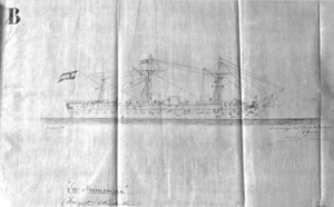 Archivo:Dibujo de la fragata La Numancia realizado por Emilio Barreda durante la vuelta al mundo de 1868