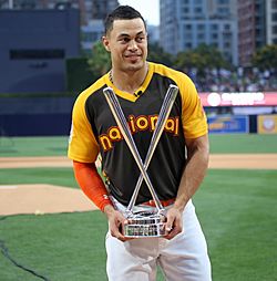 Giancarlo Stanton holds up the T-Mobile -HRDerby trophy. (28476385401).jpg