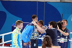 Archivo:Boxing at the 2018 Summer Youth Olympics – Boys' bantamweight Victory Ceremony 40
