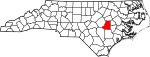 Mapa de Carolina del Norte con la ubicación del condado de Wayne