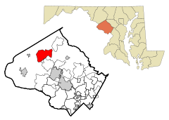Montgomery County Maryland Incorporated and Unincorporated areas Clarksburg Highlighted.svg