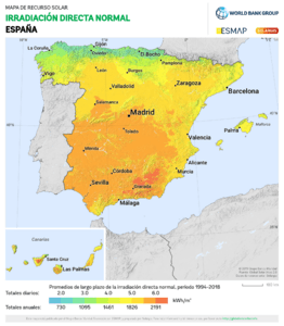 Spain DNI Solar-resource-map lang-ES GlobalSolarAtlas World-Bank-Esmap-Solargis