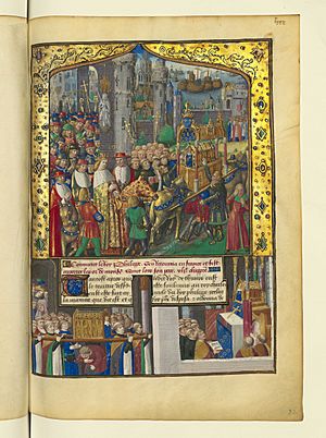 Archivo:Livre des faiz monseigneur saint Loys - BNF Fr2829 f82r (procession funèbre de Louis IX)