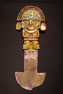 Archivo:Ceremonial knife (tumi), Sican (Lambayeque) culture, Peru north coast, Late Intermediate Period (Middle Sican), 900-1100 AD, gold, silver, turquoise - Dallas Museum of Art - DSC04674