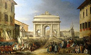 Archivo:Ephemeral arch erected in Piazza di Ponte to celebrate the Roman Republic on March 20 1798 by Felice Giani (Museo di Roma a Palazzo Braschi)