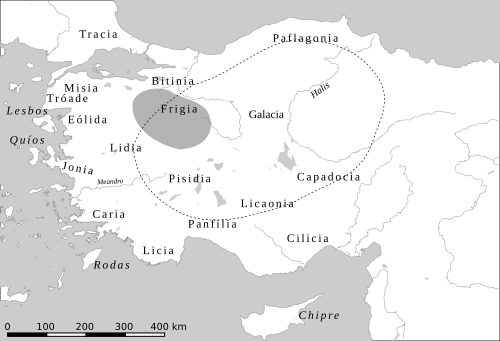 El núcleo de Frigia y la máxima extensión aproximada del reino frigio.