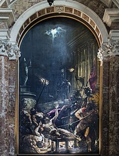 Interior of Chiesa dei Gesuiti (Venice) - left nave - The Martyrdom of St Lawrence - Titian.jpg