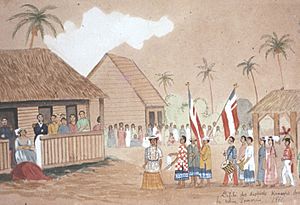 Archivo:Parade of the Kanaks districts before Queen Pomare in 1860