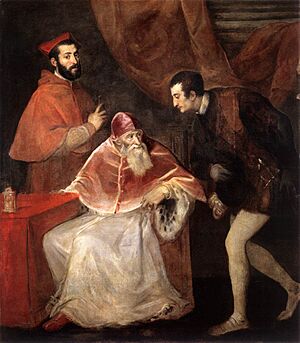 Archivo:Titian - Pope Paul III with his Grandsons Alessandro and Ottavio Farnese - WGA22985