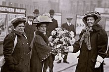 Emmeline Pethick Lawrence, Jennie Baines, Flora Drummond and Frederick Pethick Lawrence, c. 1906-1910. (cropped).jpg