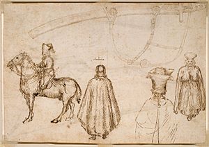 Archivo:Pisanello - Sketches of the Emperor John VIII Palaeologus, a Monk, and a Scabbard, 1438