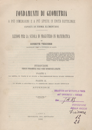 Archivo:Veronese - Fondamenti di geometria a piu dimensioni e a piu specie di unità rettilinee, 1891 - 3899401