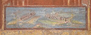 Archivo:Fourth Style wall painting with naumachia (triremes), a detail from a panel from the portico of the Temple of Isis in Pompeii, Naples National Archaeological Museum (14606067613)