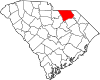 Mapa de Carolina del Sur con la ubicación del condado de Chesterfield