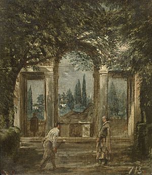 Archivo:Vista del jardín de la Villa Medici de Roma con la estatua de Ariadna, por Diego Velázquez