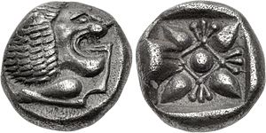 Archivo:IONIA, Miletos. Late 6th-early 5th century BC. AR Obol (9mm, 1.07 g). Forepart of lion left, head right Stellate and floral design within incuse square