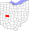 Mapa de Ohio con la ubicación del condado de Champaign