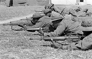 Archivo:Antigua and Barbuda Defense Force members practice ground assault techniques while carrying M16 rifles during UPWARD KEY '87, a joint exercise of US and Antigua and Barbuda Defense Forces DN-SN-88-00502