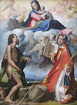 Archivo:La Vierge à l'Enfant en gloire avec saint Jean Baptiste et saint Étienne - Michelangelo Anselmi - Musée du Louvre Peintures INV 67 ; MR 43