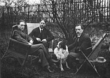 Marcel Duchamp, Jacques Villon, Raymond Duchamp-Villon in the garden of Villon's studio, Puteaux, France, c.1913.jpg
