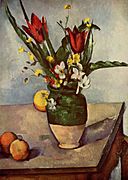 Nature morte, tulipes et pommes, par Paul Cézanne