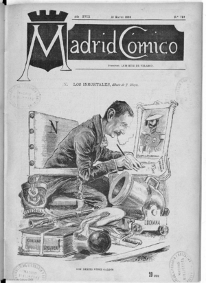Archivo:Caricatura de Galdós escribiendo, por Joaquín Moya Ángeles