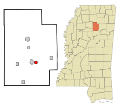 Calhoun County Mississippi Incorporated and Unincorporated areas Derma Highlighted.svg