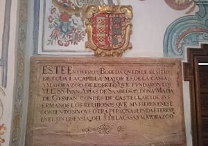 Archivo:Inscripción en memoria de los fundadores, los Condes de Castellar en la Sacristía del Convento de Loreto en Espartinas, Sevilla