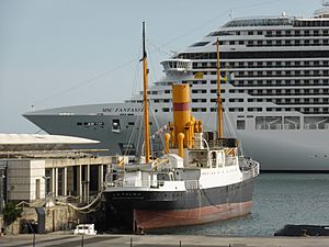 Archivo:Correíllo La Palma, del año 1912, y crucero de turismo MSC Fantasia, del año 2008, en el puerto de Santa Cruz de Tenerife