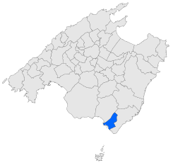 Término municipal de Las Salinas respecto a la isla de Mallorca.