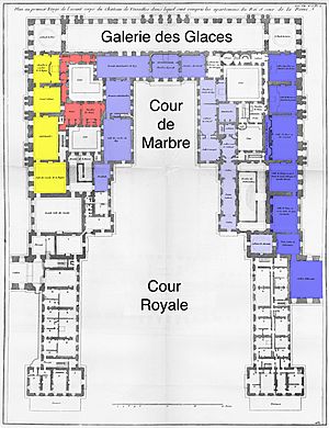 Archivo:Versailles - Plan du premier étage de l'avant corps - Architecture Françoise Tome4 Livre7 Pl8 (apts colored)