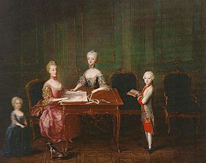 Archivo:Archduchesses Maria Theresa, Maria Carolina and Maria Antonia with Archduke Max Francis by Martin van Meytens in 1763