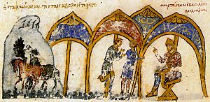 Archivo:Bulgarian king Omurtag sends delegation to Byzantine emperor Michael II from the Chronicle of John Skylitzes