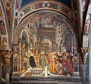 Archivo:Domenico di bartolo, Celestino III concede privilegi di autonomia all'ospedale, 1442-44, 01