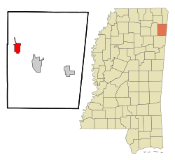 Itawamba County Mississippi Incorporated and Unincorporated areas Mantachie Highlighted.svg