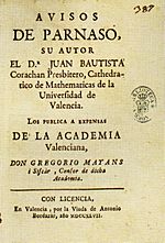 Archivo:Avisos del Parnaso, obra del matemàtic valencià Joan Baptista Coratjà, editada per Gregori Maians i Ciscar