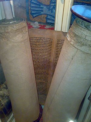 Archivo:Torà exposada a la Sinagoga Shlomo Ben Adret