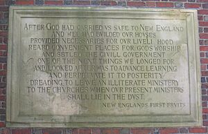 Archivo:New England's First Fruits plaque, Harvard University - IMG 8969