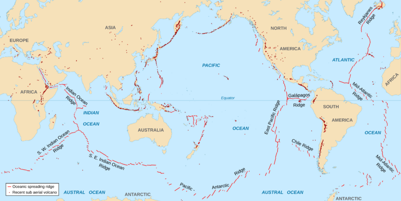 Spreading ridges volcanoes map-en