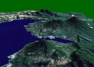 Archivo:Volcano Atitlan, San Pedro, Toliman & Lago Atitlan 3D version 1